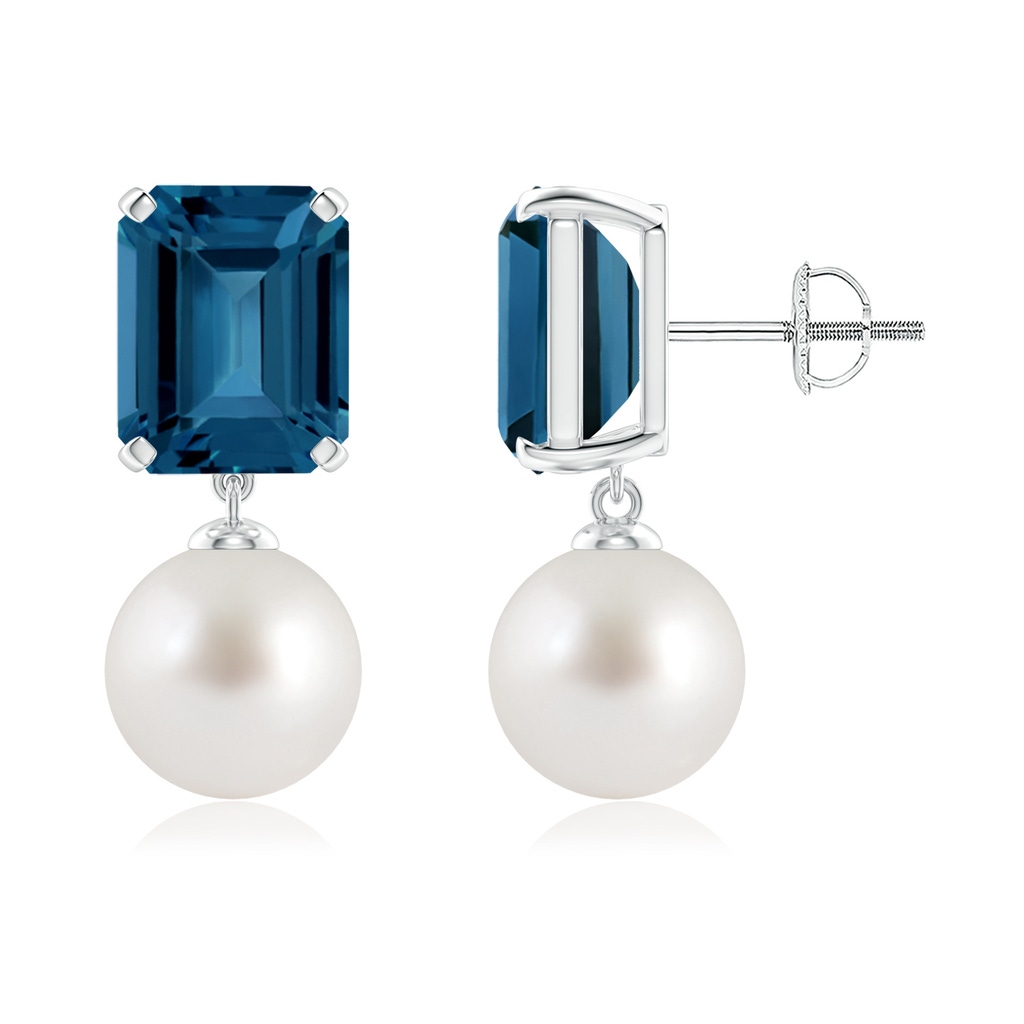 9mm AAA South Sea Pearl & London Blue Topaz Earrings in White Gold