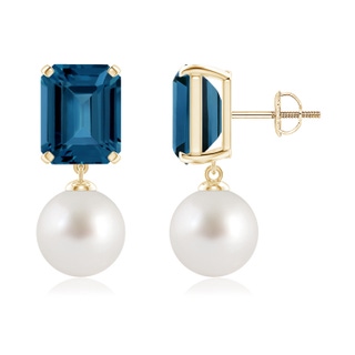 9mm AAA South Sea Pearl & London Blue Topaz Earrings in Yellow Gold