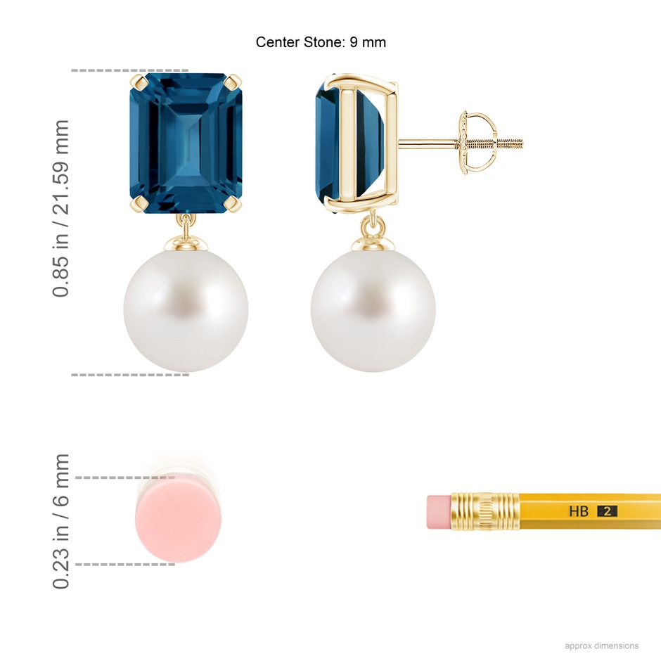 9mm AAA South Sea Pearl & London Blue Topaz Earrings in Yellow Gold ruler