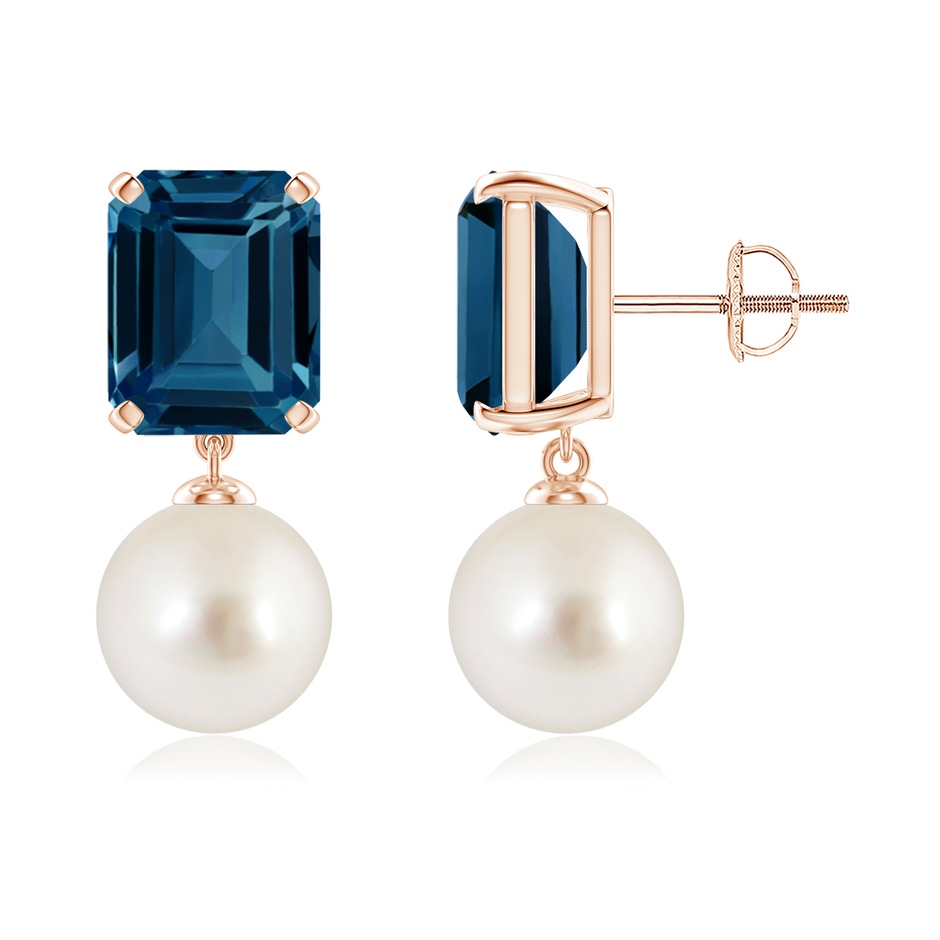 9mm AAAA South Sea Pearl & London Blue Topaz Earrings in Rose Gold 