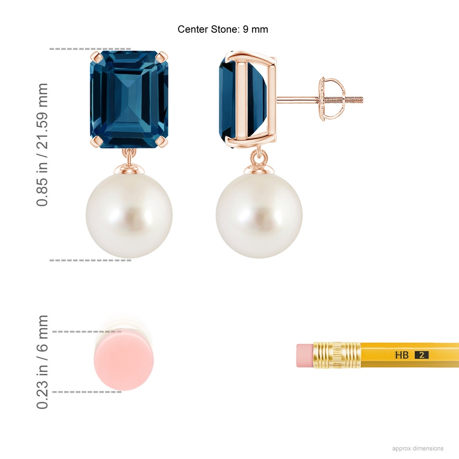 9mm AAAA South Sea Pearl & London Blue Topaz Earrings in Rose Gold ruler