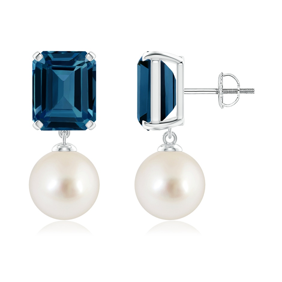 9mm AAAA South Sea Pearl & London Blue Topaz Earrings in White Gold 