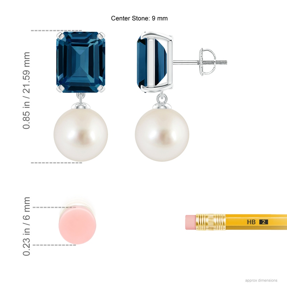 9mm AAAA South Sea Pearl & London Blue Topaz Earrings in White Gold ruler