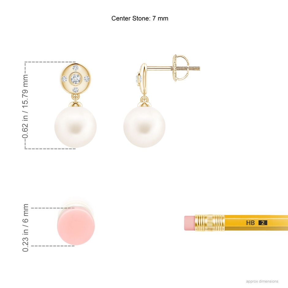 7mm AA Freshwater Pearl Earrings with Diamond Accent in Yellow Gold ruler
