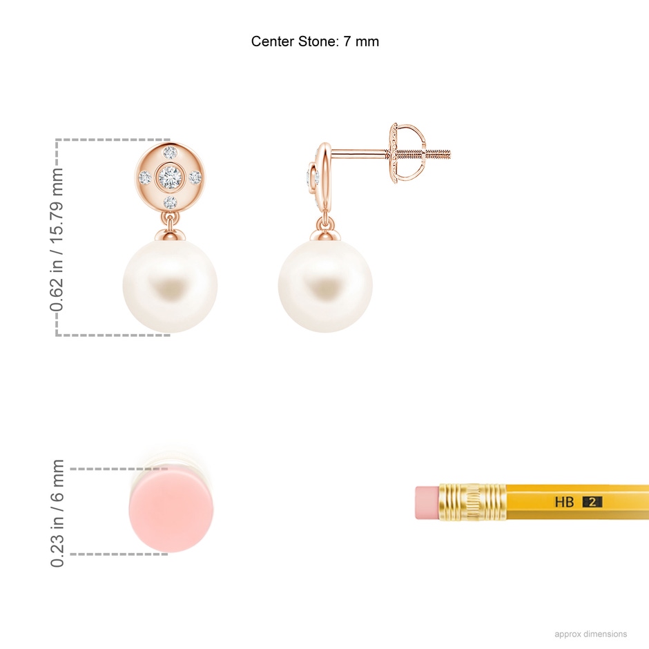 7mm AAA Freshwater Pearl Earrings with Diamond Accent in Rose Gold ruler