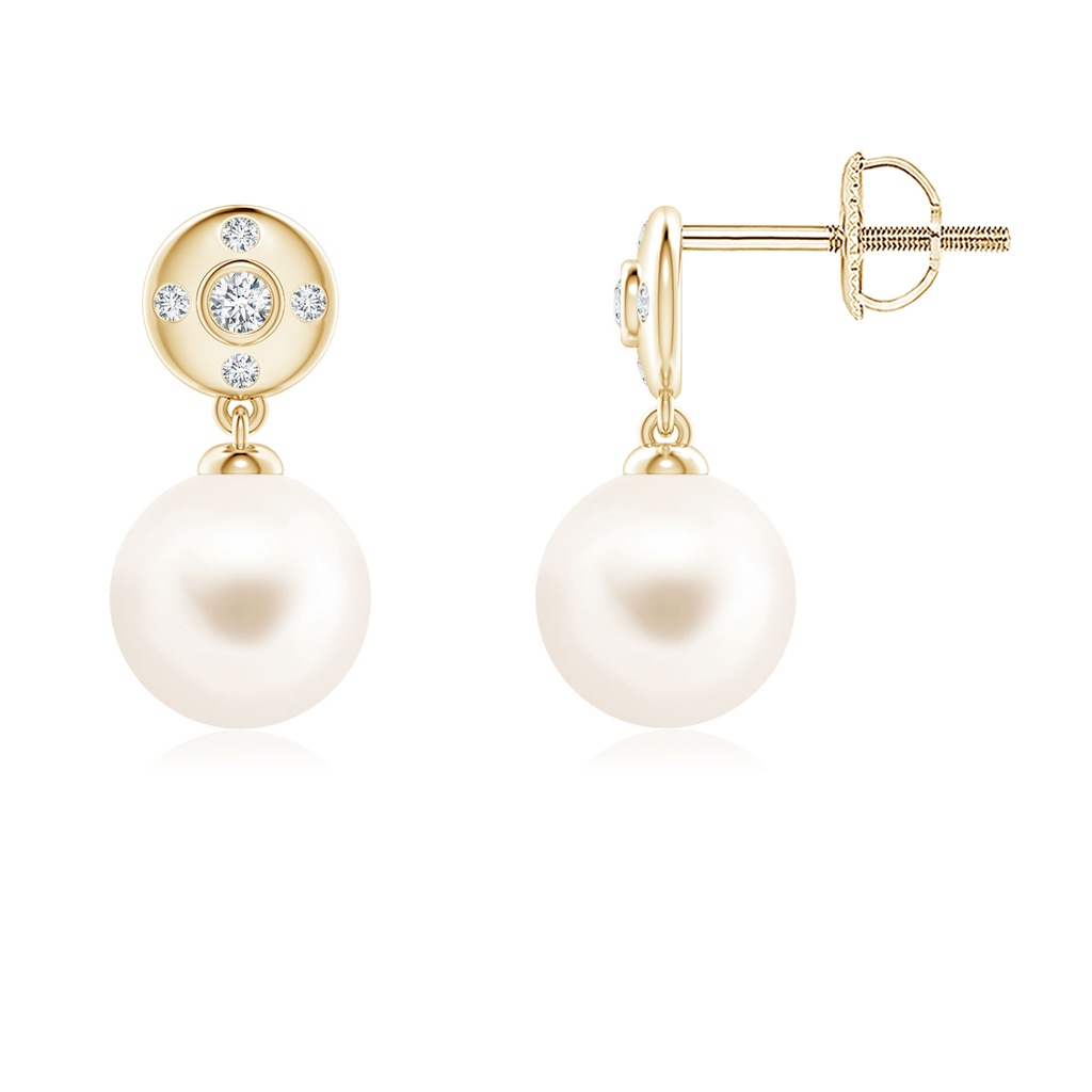 7mm AAA Freshwater Pearl Earrings with Diamond Accent in Yellow Gold
