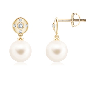7mm AAA Freshwater Pearl Earrings with Diamond Accent in Yellow Gold