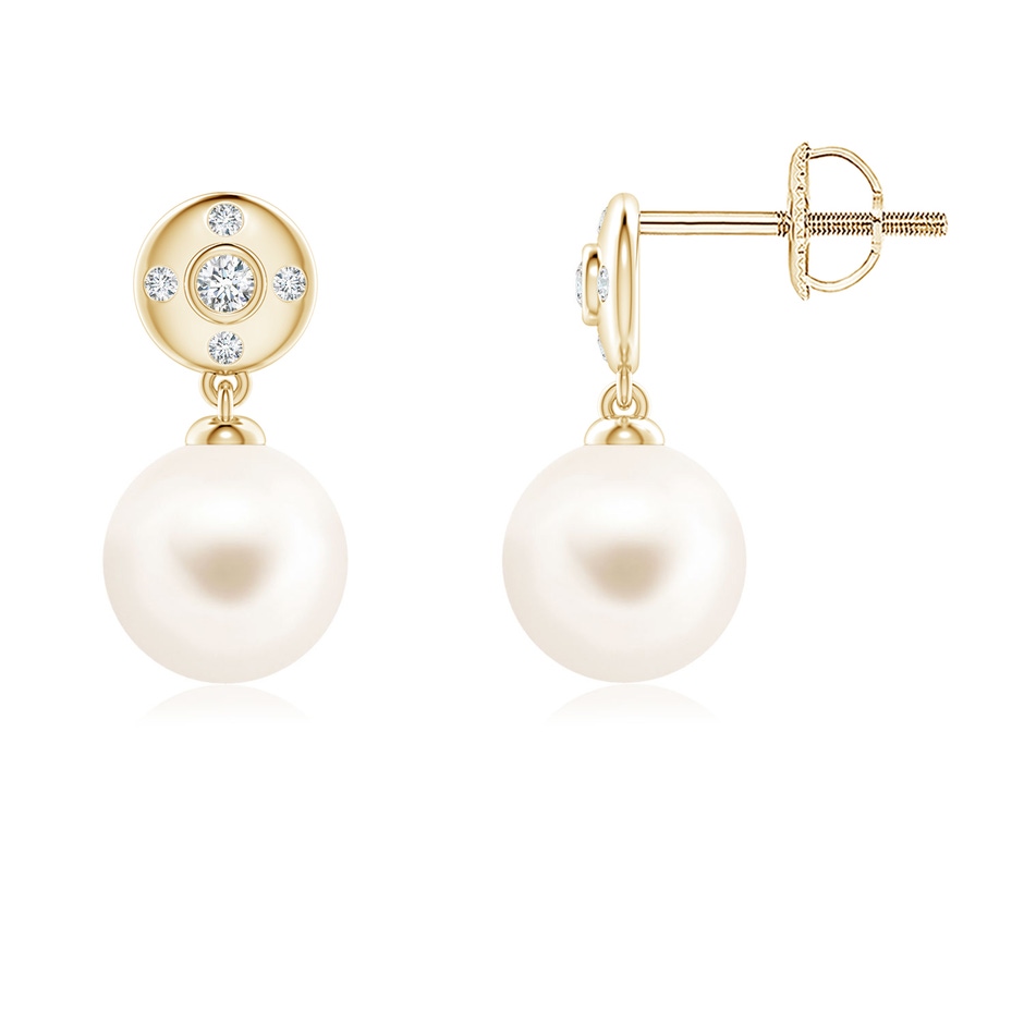 7mm AAA Freshwater Pearl Earrings with Diamond Accent in Yellow Gold 