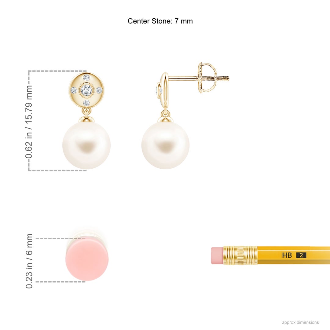 7mm AAA Freshwater Pearl Earrings with Diamond Accent in Yellow Gold - ruler