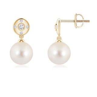 7mm AAAA Freshwater Pearl Earrings with Diamond Accent in Yellow Gold