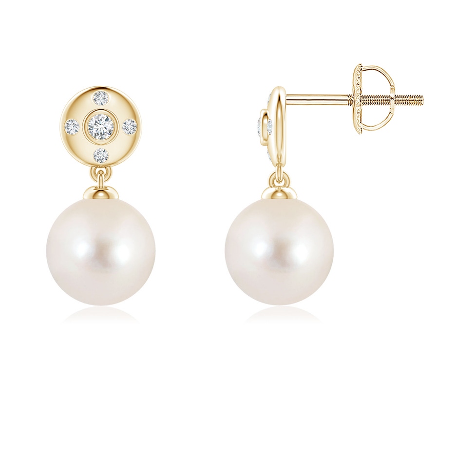 7mm AAAA Freshwater Pearl Earrings with Diamond Accent in Yellow Gold 