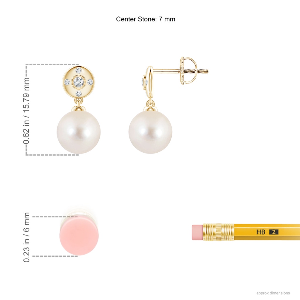 7mm AAAA Freshwater Pearl Earrings with Diamond Accent in Yellow Gold Ruler