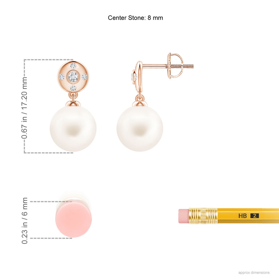 8mm AA Freshwater Pearl Earrings with Diamond Accent in Rose Gold ruler