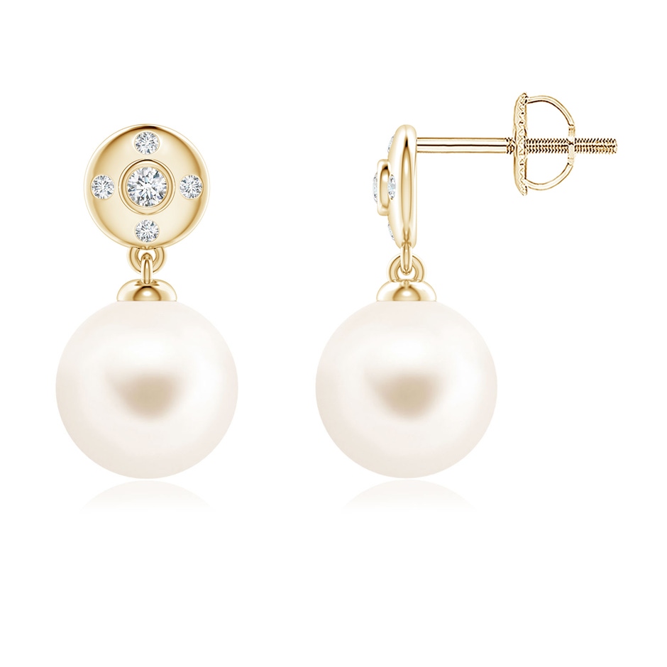 8mm AAA Freshwater Pearl Earrings with Diamond Accent in Yellow Gold 