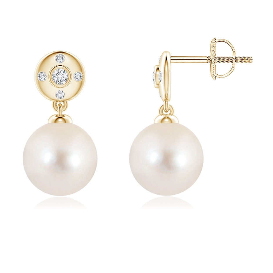 8mm AAAA Freshwater Pearl Earrings with Diamond Accent in Yellow Gold 