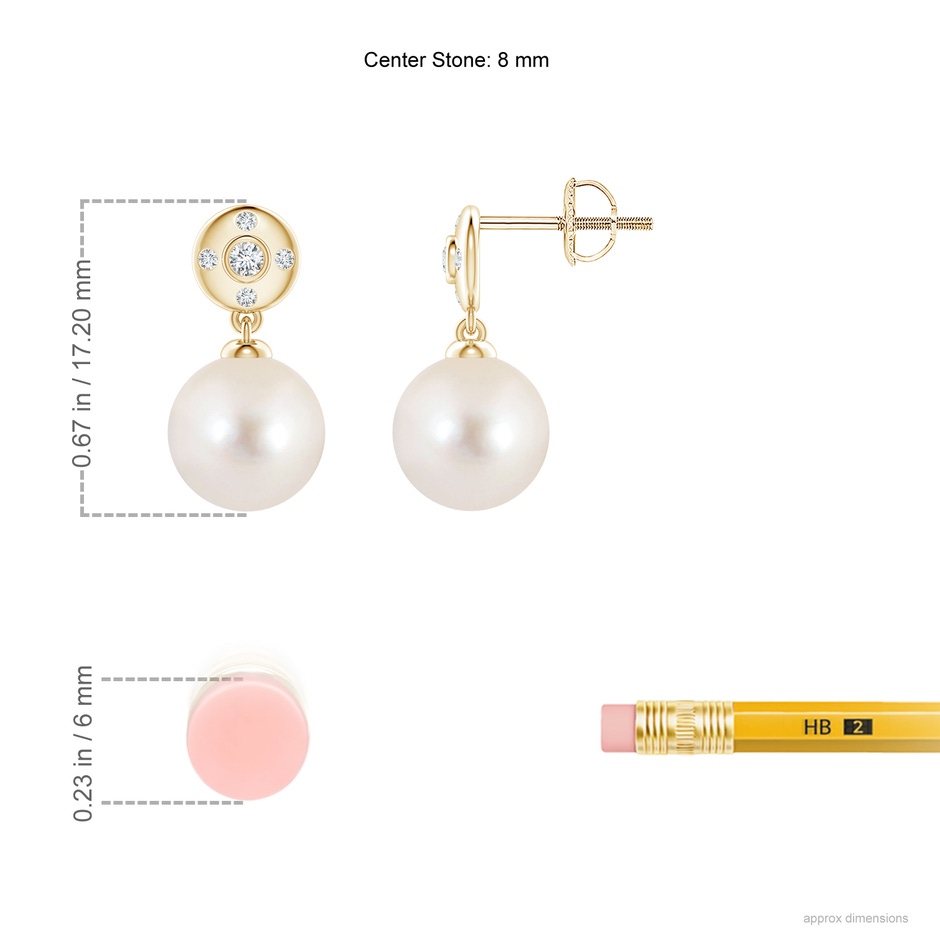 8mm AAAA Freshwater Pearl Earrings with Diamond Accent in Yellow Gold ruler