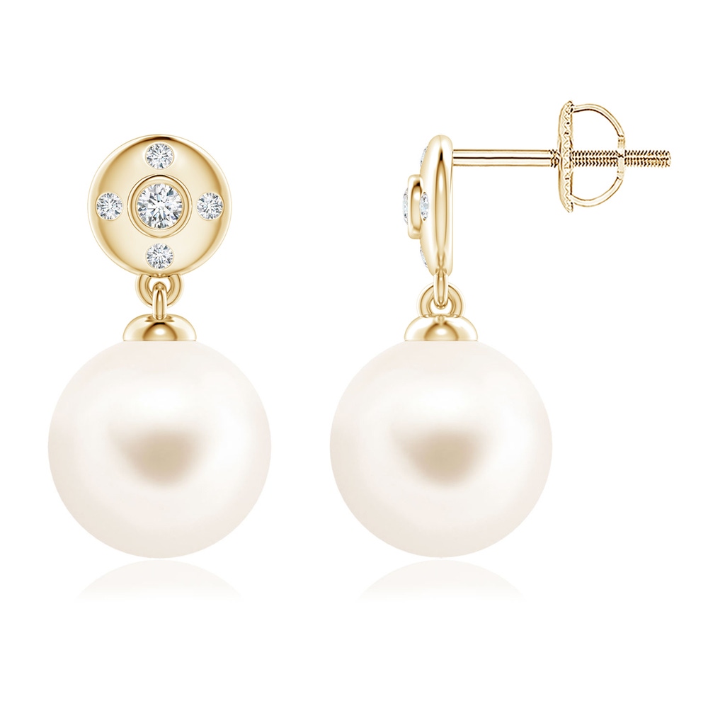 9mm AAA Freshwater Pearl Earrings with Diamond Accent in Yellow Gold