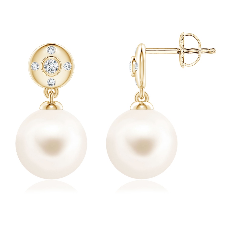 9mm AAA Freshwater Pearl Earrings with Diamond Accent in Yellow Gold 