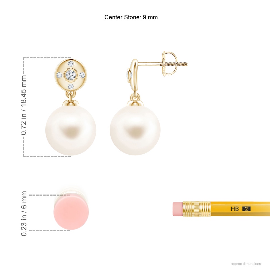 9mm AAA Freshwater Pearl Earrings with Diamond Accent in Yellow Gold ruler