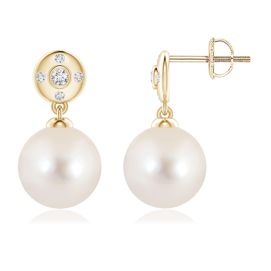 9mm AAAA Freshwater Pearl Earrings with Diamond Accent in Yellow Gold 