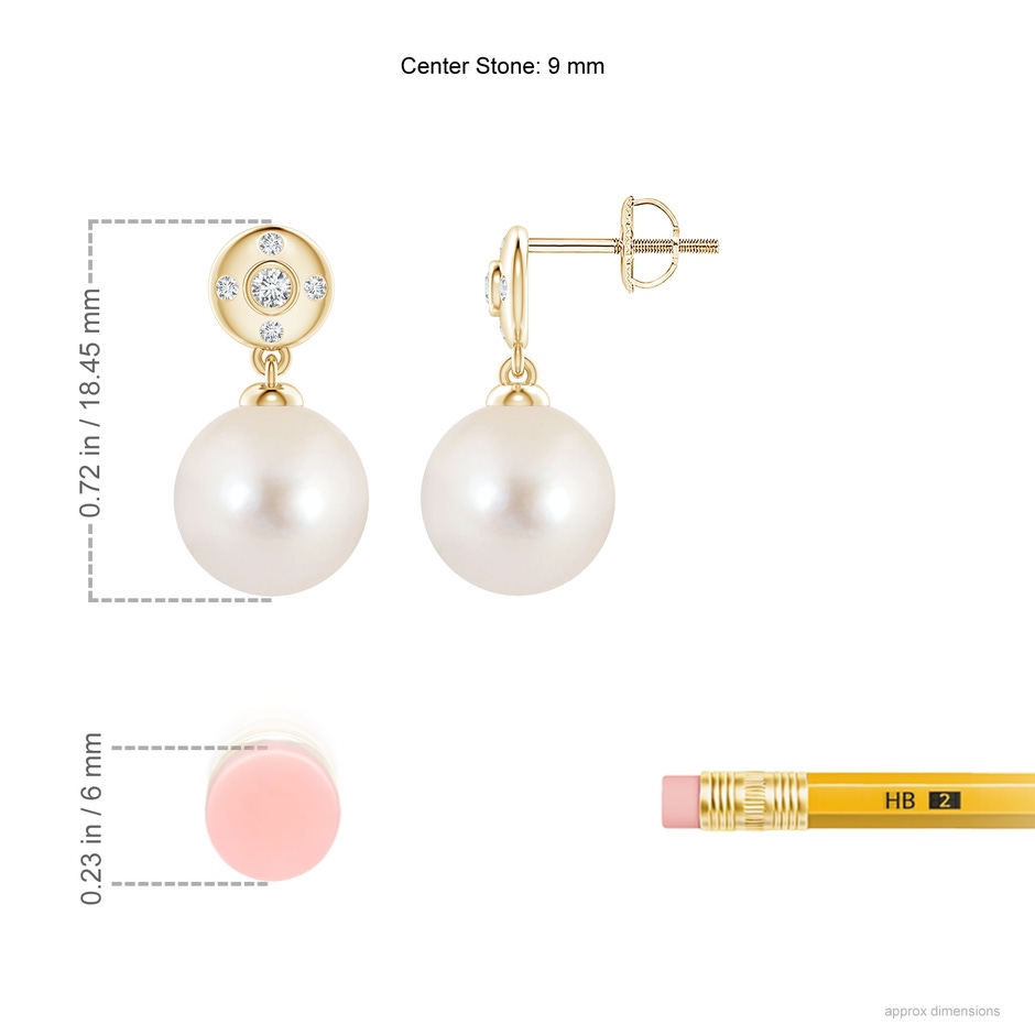 9mm AAAA Freshwater Pearl Earrings with Diamond Accent in Yellow Gold ruler