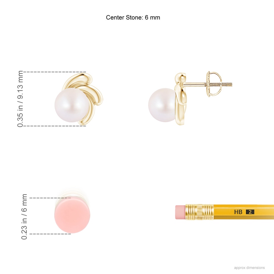 6mm AA Japanese Akoya Pearl Spiral Stud Earrings in Yellow Gold ruler
