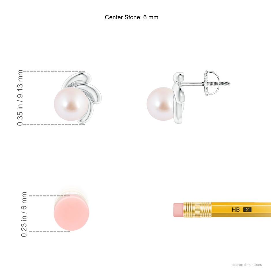 6mm AAA Japanese Akoya Pearl Spiral Stud Earrings in White Gold ruler