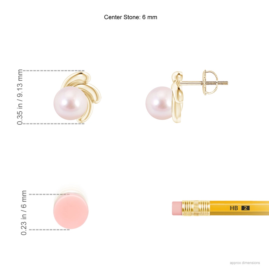 6mm AAAA Japanese Akoya Pearl Spiral Stud Earrings in Yellow Gold ruler
