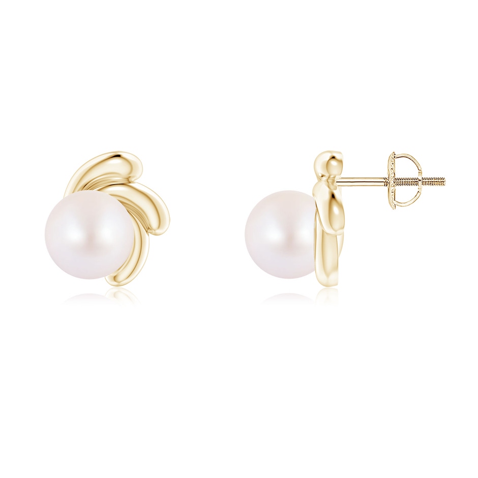 7mm AA Japanese Akoya Pearl Spiral Stud Earrings in Yellow Gold 
