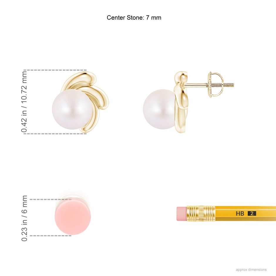 7mm AA Japanese Akoya Pearl Spiral Stud Earrings in Yellow Gold ruler