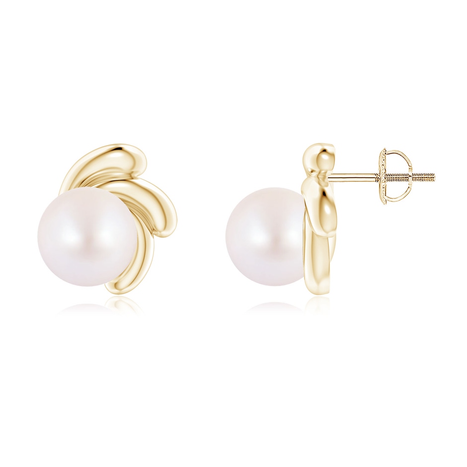 8mm AA Japanese Akoya Pearl Spiral Stud Earrings in Yellow Gold 