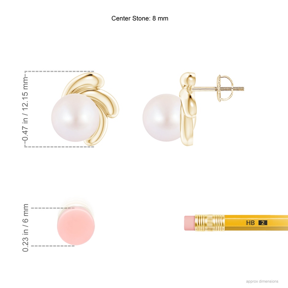 8mm AA Japanese Akoya Pearl Spiral Stud Earrings in Yellow Gold ruler