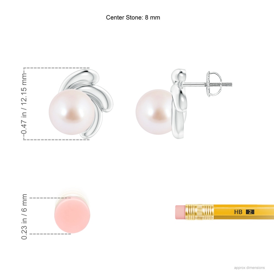 8mm AAA Japanese Akoya Pearl Spiral Stud Earrings in White Gold ruler