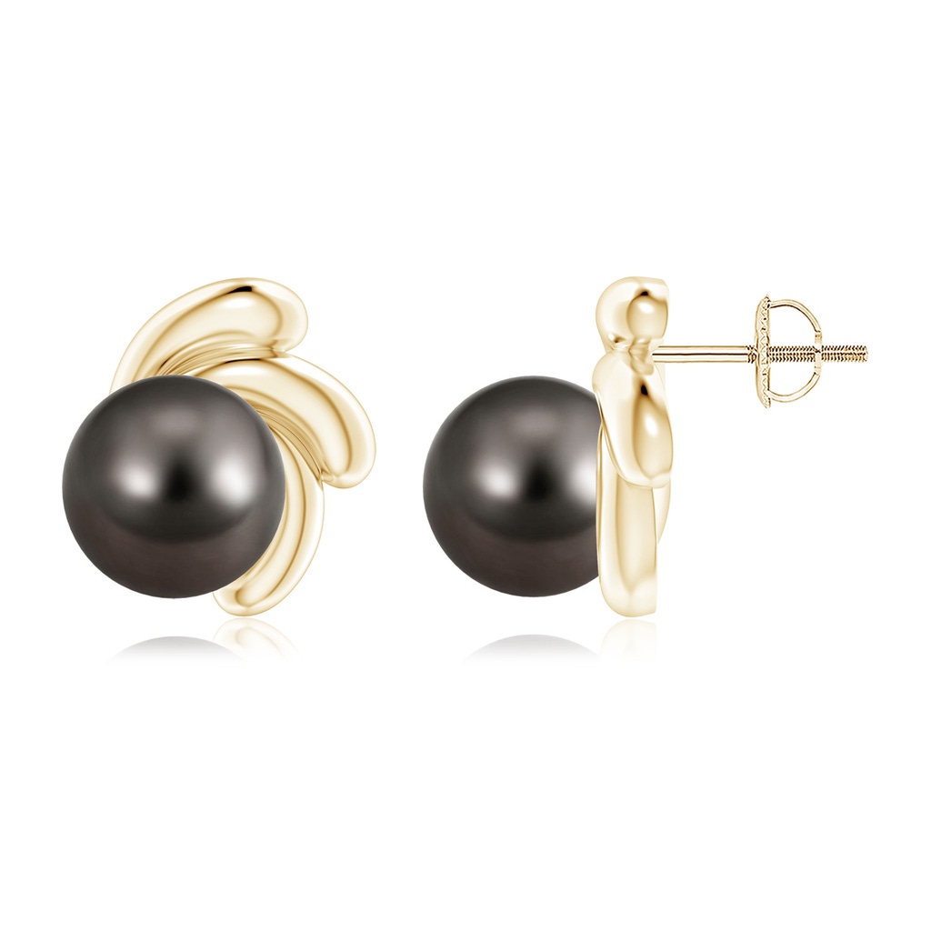 9mm AAA Tahitian Pearl Spiral Stud Earrings in Yellow Gold