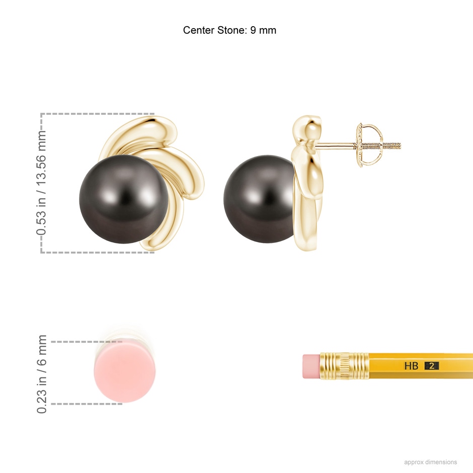 9mm AAA Tahitian Pearl Spiral Stud Earrings in Yellow Gold ruler