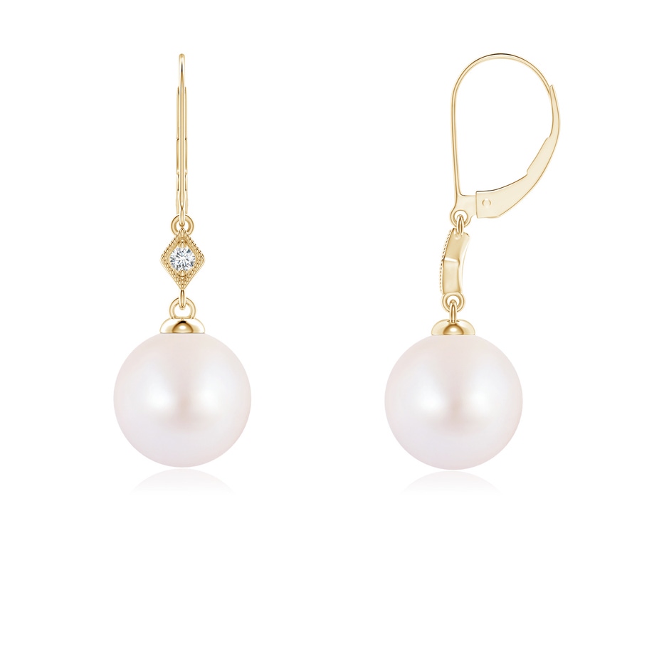 6mm AA Japanese Akoya Pearl Earrings with Pavé-Set Diamond in Yellow Gold 