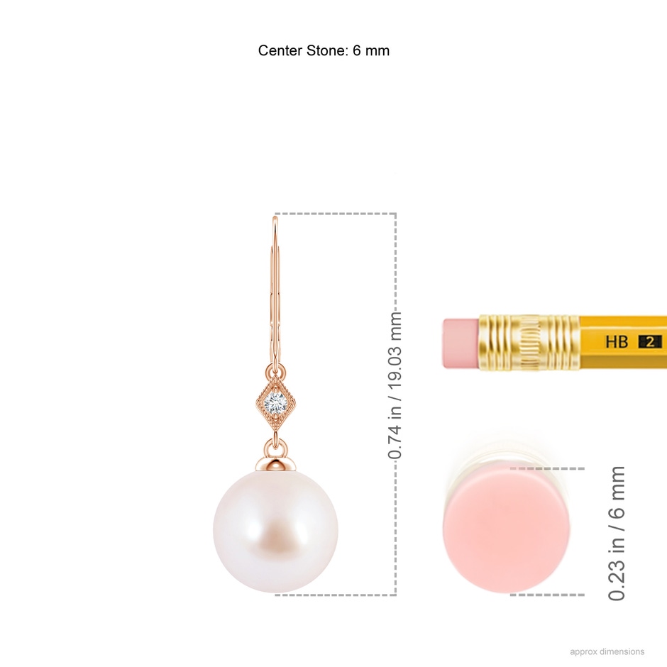 6mm AAA Japanese Akoya Pearl Earrings with Pavé-Set Diamond in 9K Rose Gold ruler