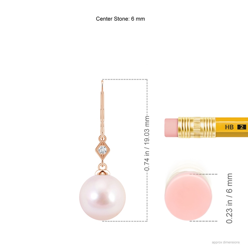 6mm AAAA Japanese Akoya Pearl Earrings with Pavé-Set Diamond in Rose Gold ruler