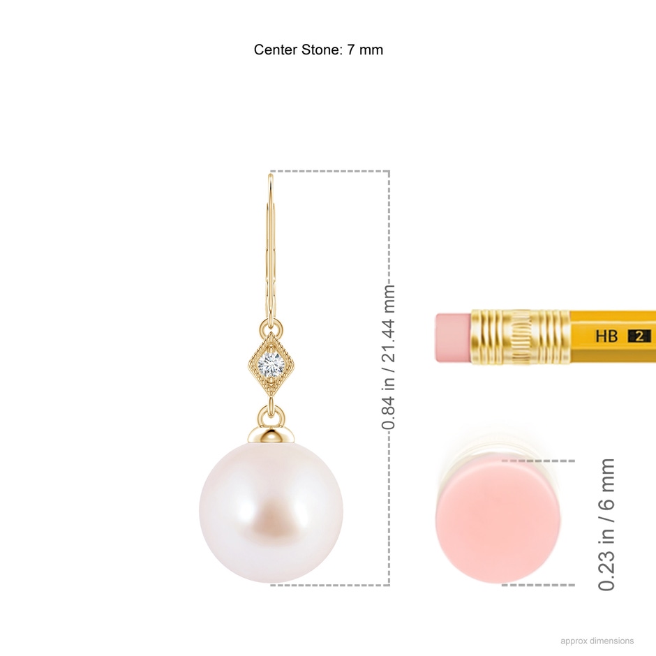 7mm AAA Japanese Akoya Pearl Earrings with Pavé-Set Diamond in Yellow Gold ruler