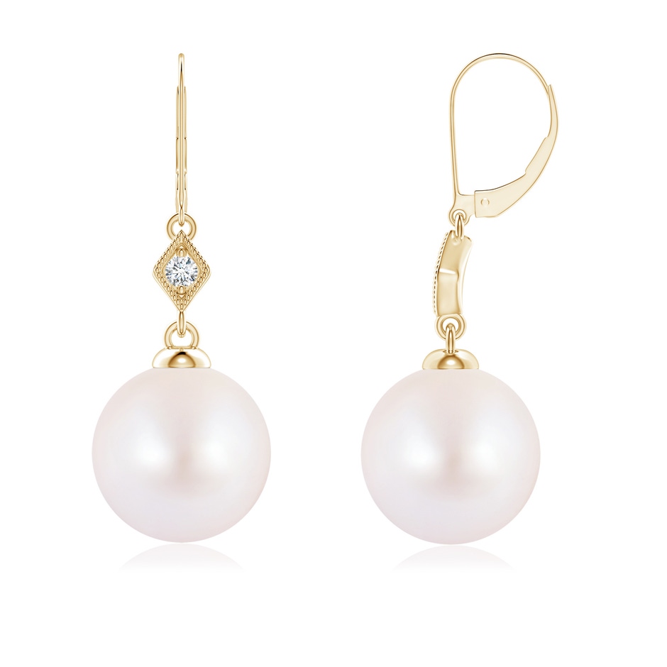 8mm AA Japanese Akoya Pearl Earrings with Pavé-Set Diamond in Yellow Gold 