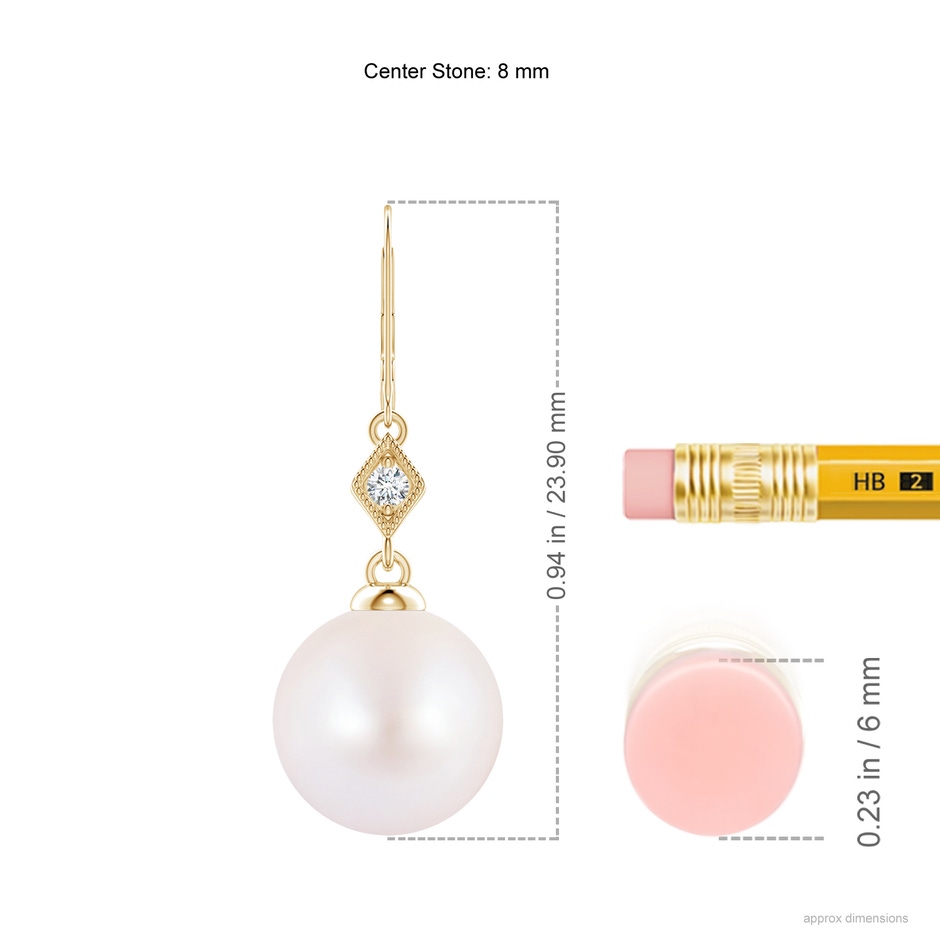 8mm AA Japanese Akoya Pearl Earrings with Pavé-Set Diamond in Yellow Gold ruler