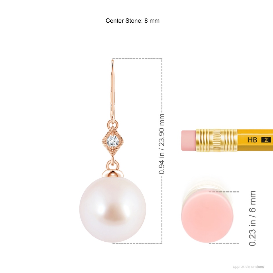 8mm AAA Japanese Akoya Pearl Earrings with Pavé-Set Diamond in Rose Gold ruler