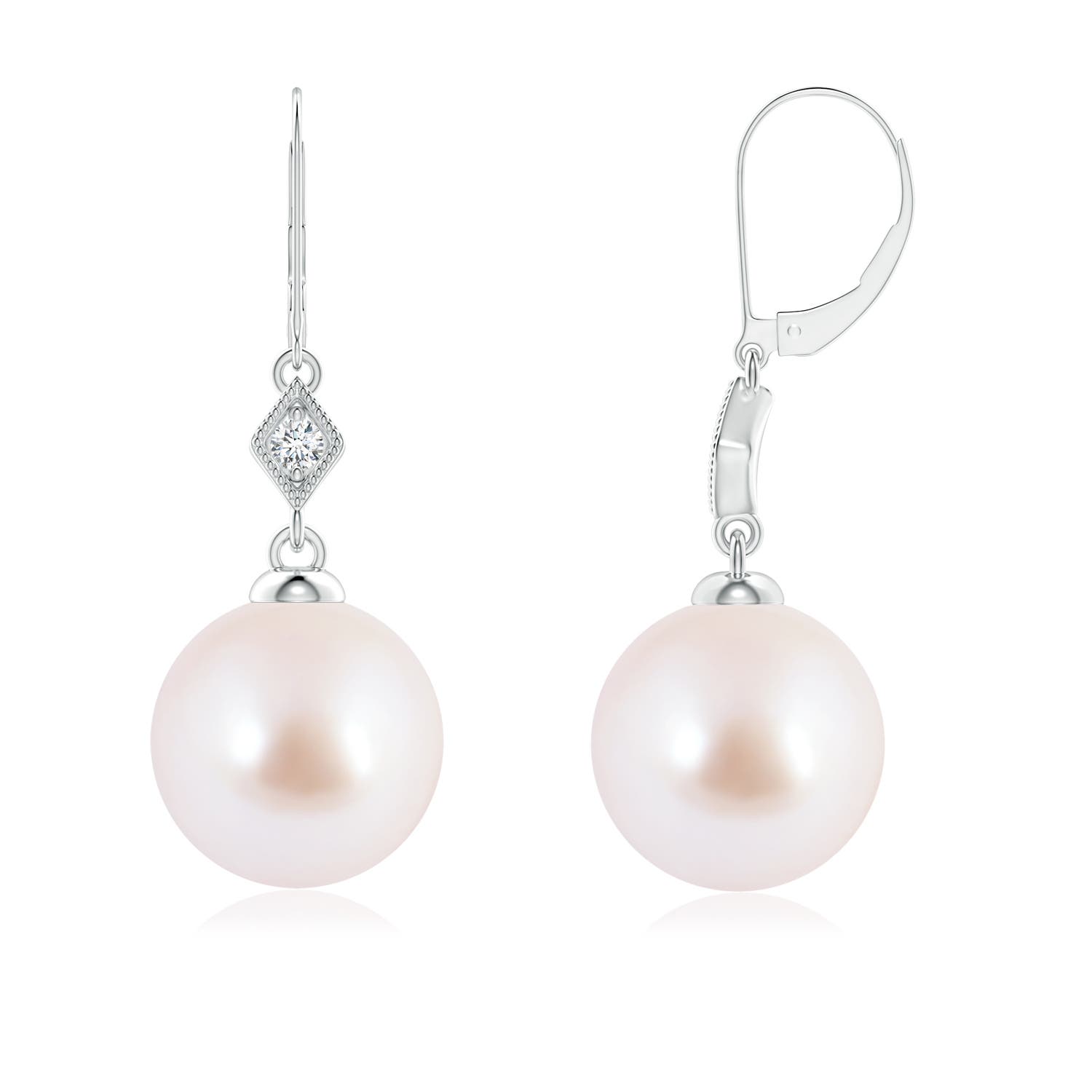 8mm AAA Japanese Akoya Pearl Earrings with Pavé-Set Diamond in White Gold