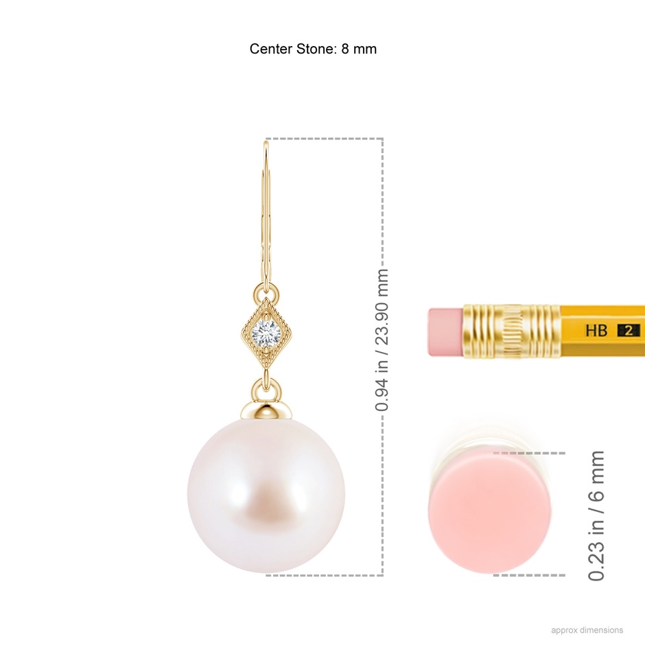 8mm AAA Japanese Akoya Pearl Earrings with Pavé-Set Diamond in Yellow Gold ruler