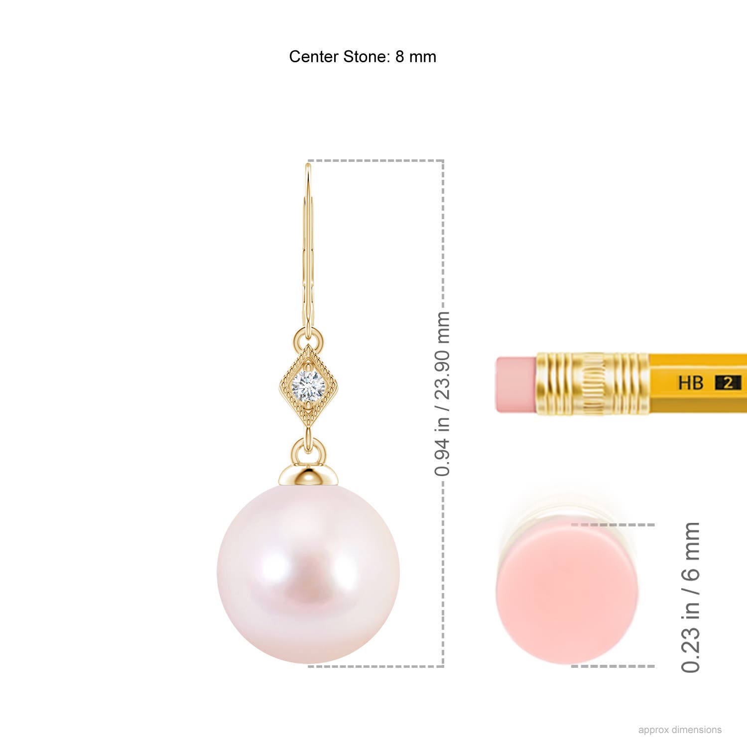 8mm AAAA Japanese Akoya Pearl Earrings with Pavé-Set Diamond in Yellow Gold - ruler