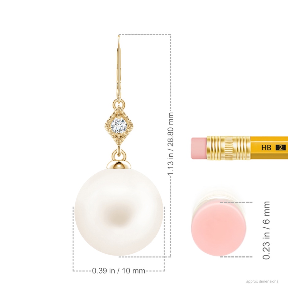 10mm AA Freshwater Pearl Earrings with Pavé-Set Diamond in 18K Yellow Gold ruler