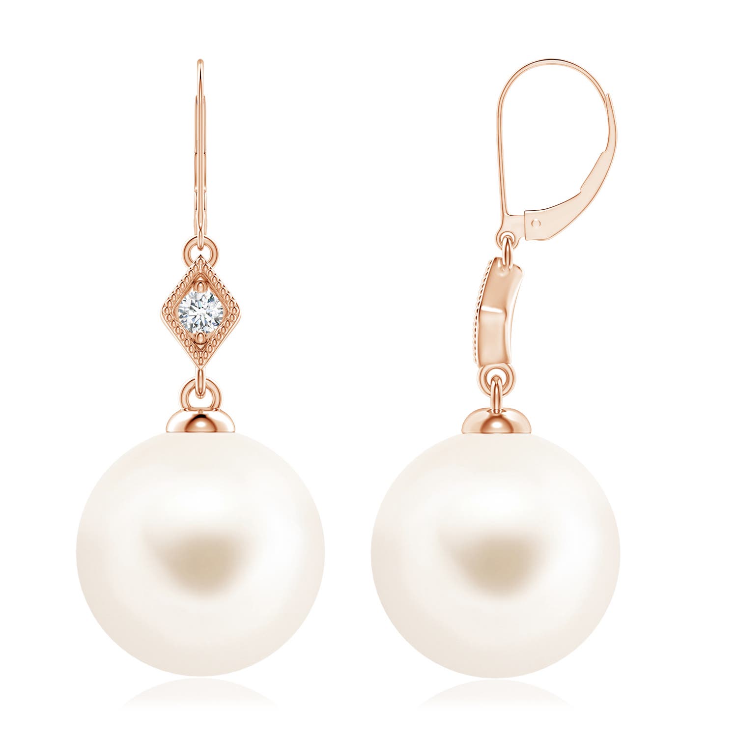 10mm AAA Freshwater Pearl Earrings with Pavé-Set Diamond in 18K Rose Gold