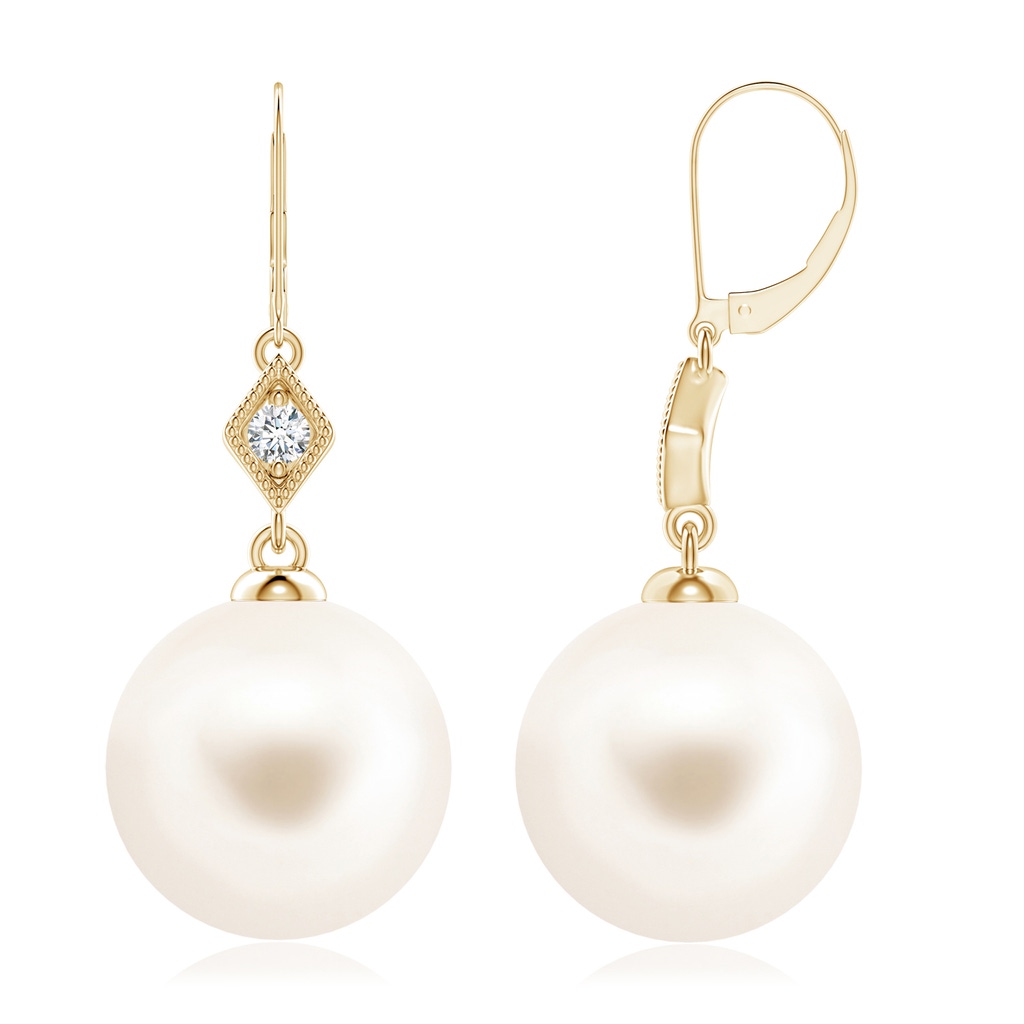10mm AAA Freshwater Pearl Earrings with Pavé-Set Diamond in Yellow Gold 