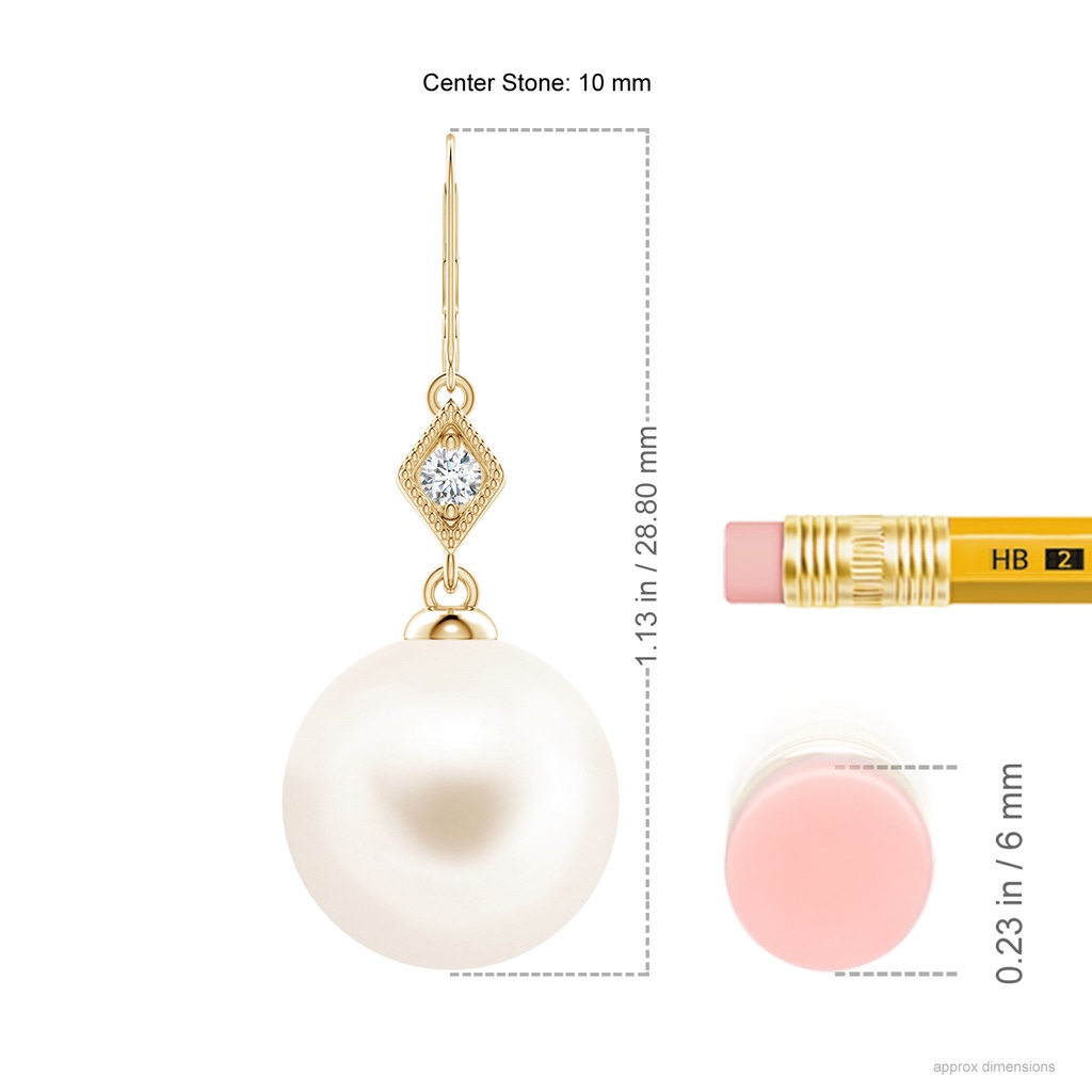 10mm AAA Freshwater Pearl Earrings with Pavé-Set Diamond in Yellow Gold Ruler