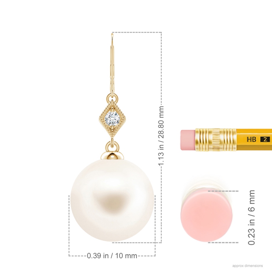 10mm AAA Freshwater Pearl Earrings with Pavé-Set Diamond in Yellow Gold ruler